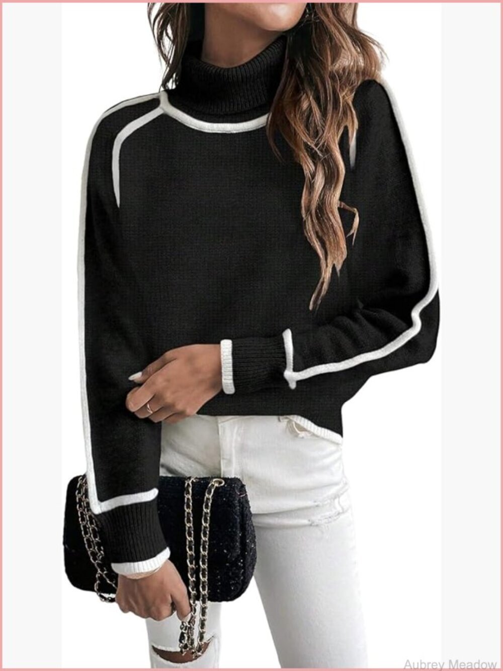 Turtleneck Colorblock Knitted Pullover Women Cozy Loose Fit Sweater